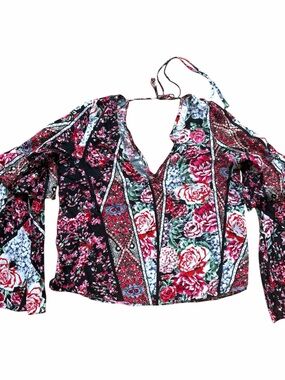 Jaase Boho Floral V-Neck Blouse XS/S Black Pink Red Floral Bell Sleeve Top